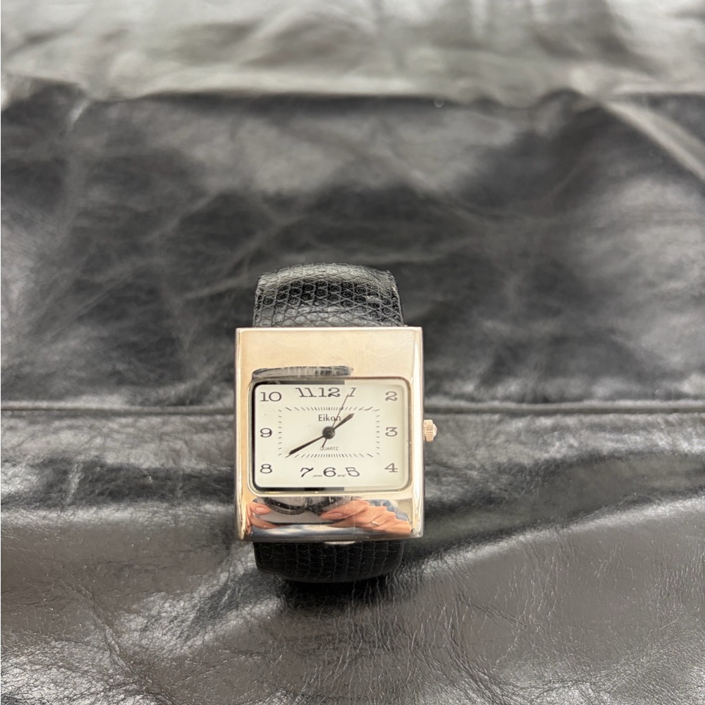 Eikon Vintage Silver Square Dial Women's Watch with Black Leather Cuff Bracelet